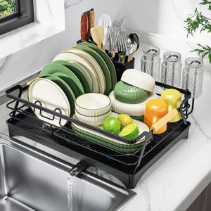 Epicano Dish Drying Rack for Kitchen Counter - Large Capacity Dish Rack with Wooden Handle,Cup Holder & Knife Slots, Rustproof Dish Drainer with Auto-Drainage System, Kitchen Sink Organizer, Black