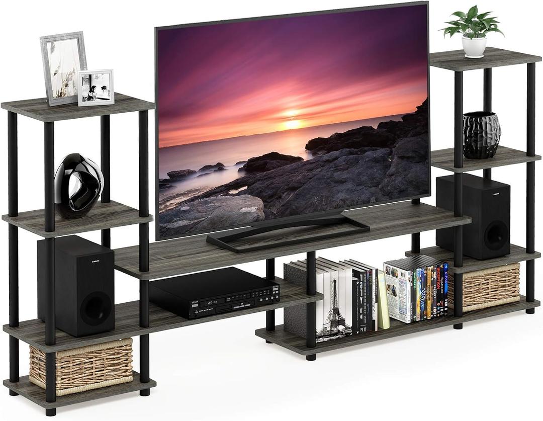 Furinno TURN-N-TUBE TV Stand, Wide Open Frame Entertainment Center with Open Shelves Storage, TV Console with Tall Side Shelves for TV up to 48 Inch, for Living Room, Bedroom, French Oak, French Oak Grey/Black