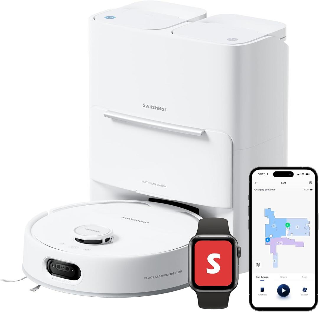 SwitchBot S20 Robot Vacuum and Mop with Matter, 10000Pa Suction, Roller Mop, AI Navigation, Auto Mop Wash & Dry, Self-Emptying, Works with AppleHome, Alexa, GoogleHome, for Pet Hair, Carpet, Floors