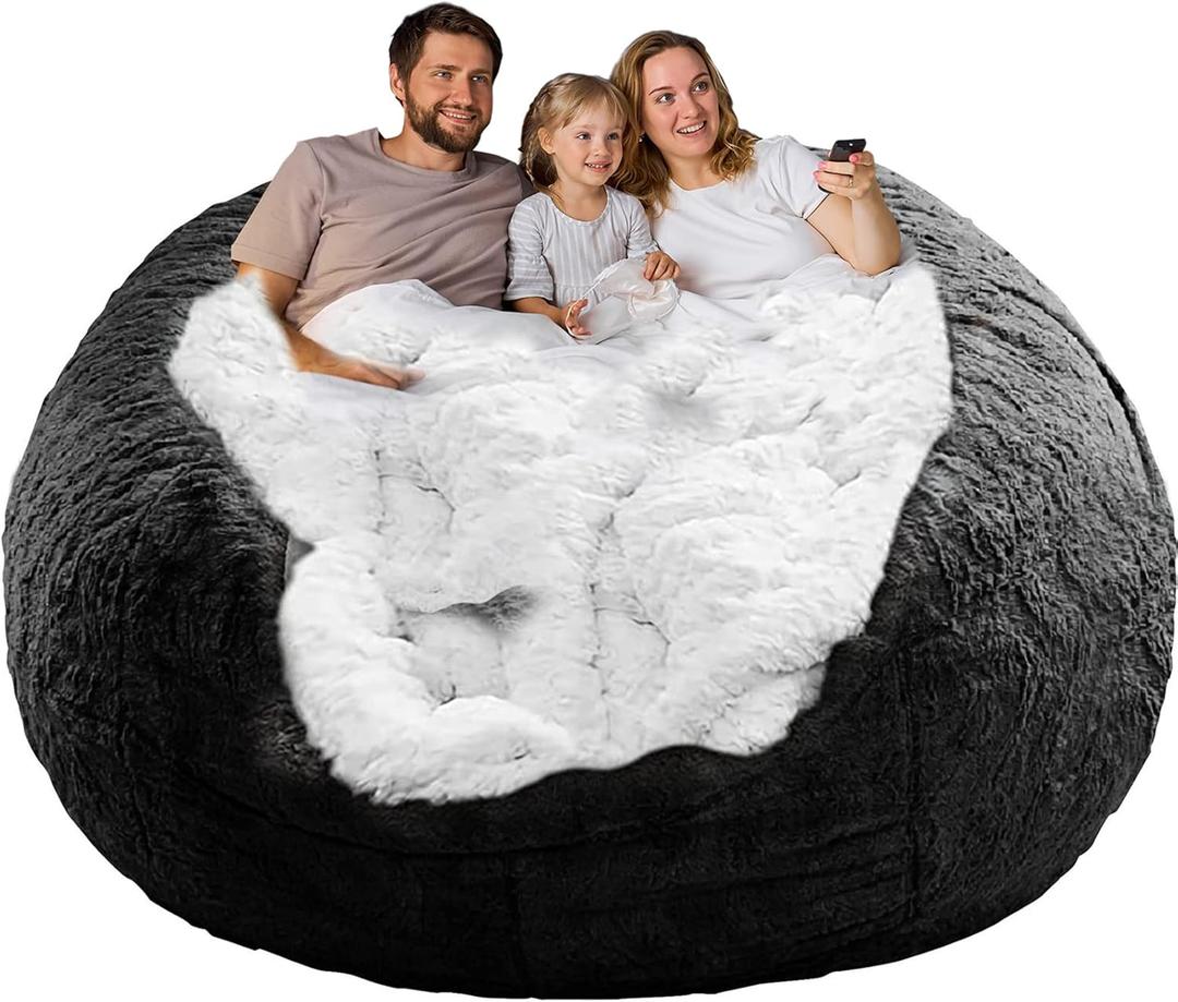 (No Filler Bean Bag Chair Cover Without Filler, Big Round Soft Fluffy PV Velvet Washable Bean Bag Lazy Sofa Bed Cover for Adults, Living Room Bedroom Furniture Outside,6ft Black
