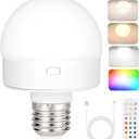Rechargeable Battery Operated Light Bulb with Remote Control 1  Packs, 350LM Dimmable Detachable LED Bulb with 15 Colors Selectable & 3 Timer, Wireless Puck Light Bulb for Wall Sconce, Non-Hardwired