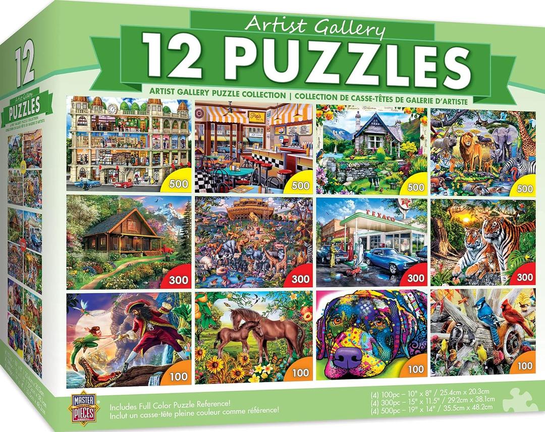 MasterPieces 12 Pack Jigsaw Puzzles for Adults, Family, Or Kids - Artist Gallery 12-Pack Bundle - 500, 300, and 100 Piece Puzzles