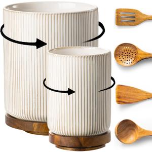 getstar Large Rotating Utensil Holder for Kitchen Counter,7.9"+6" Ceramic Utensils Crocks Set for Countertop Large & Small Utensil Organizer for Spatula Farmhouse Kitchen Decor (Vintage White)
