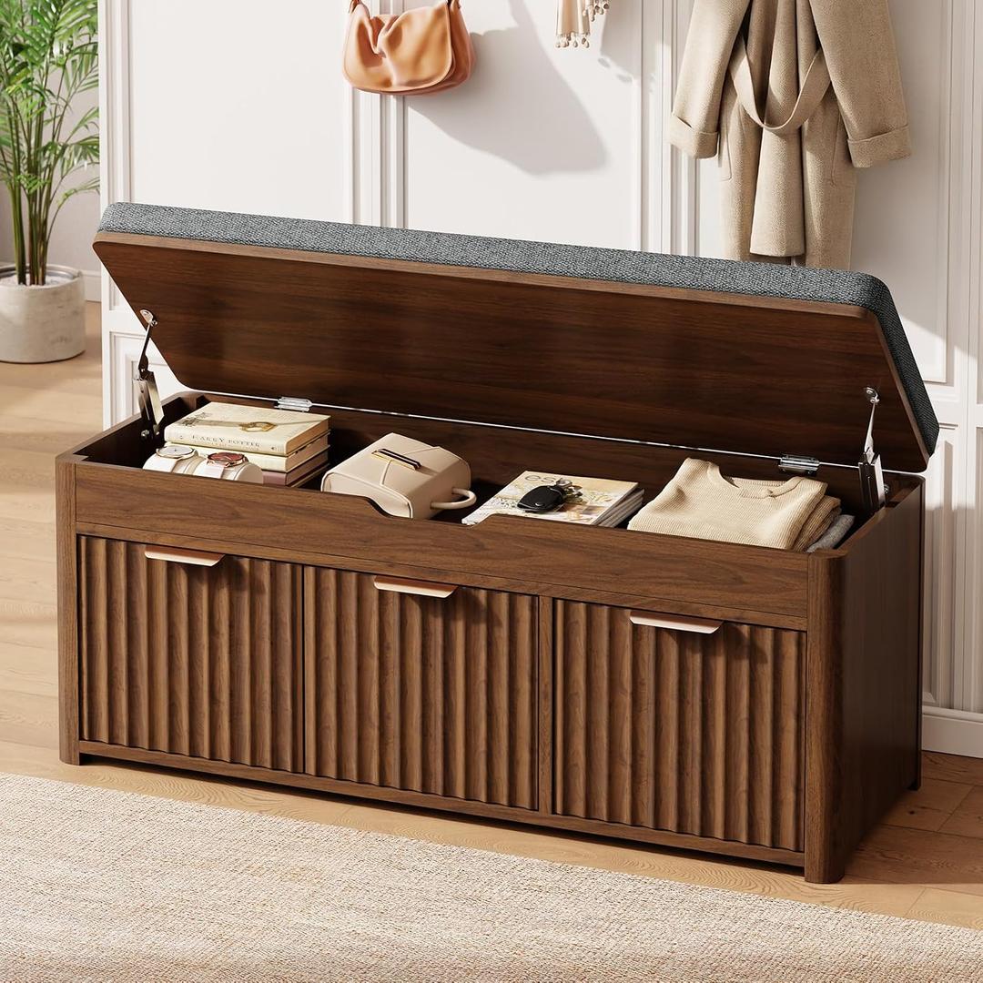 37.4" W Shoe Bench with Storage, Lift Top Entryway Bench, Walnut, 37.4"Wx14.2"Dx18.1"H