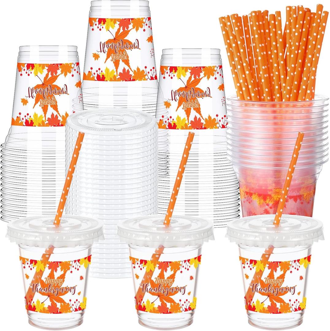 14 oz Maple Leaf Drinking Cups with Straws and Lids, Fall Party Decorations for Thanksgiving and Autumn Parties (60 Sets)