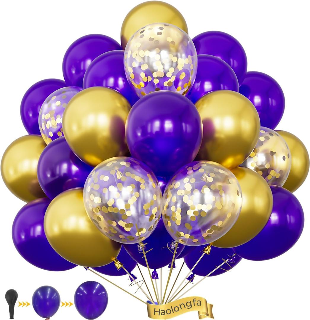 Purple and Gold Balloons,12 In 60 Pcs Dark Purple Balloon Metallic Gold Balloons and Confetti Balloon, for Mothers Day Decor, Class of 2025 Graduation Decor, Baby Shower, Birthday, Wedding Supplies