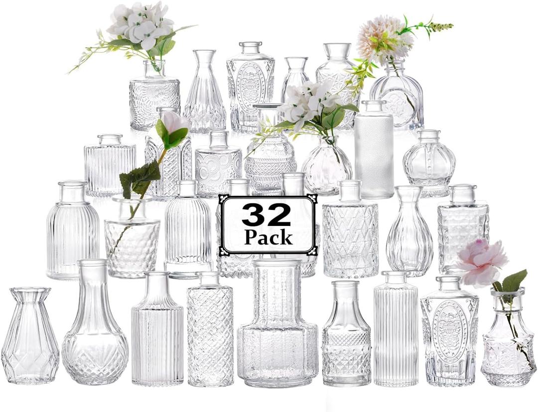 HYRIXDIRECT 32pcs Glass Bud Vase Set, Small Vintage Glass Vase, Mini Vases for Flowers for Wedding, Party, Home or Table Decoration