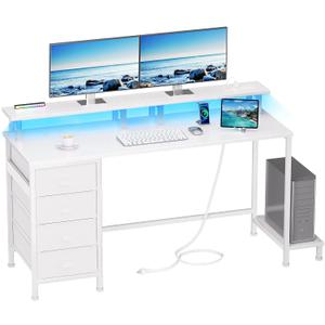 Furologee 55" White Computer Desk with 4 Fabric Drawers & Monitor Stand, Gaming Desk with Power Outlets - LED Lights, Home Office Space-Saving Study Table for Bedroom Small Spaces