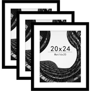 Abtgt 20x24 Picture Frame Set of 3, Display Pictures 16x20 with Mat or 20x24 without Mat, Poster Frame for Wall Mounting Display, Black