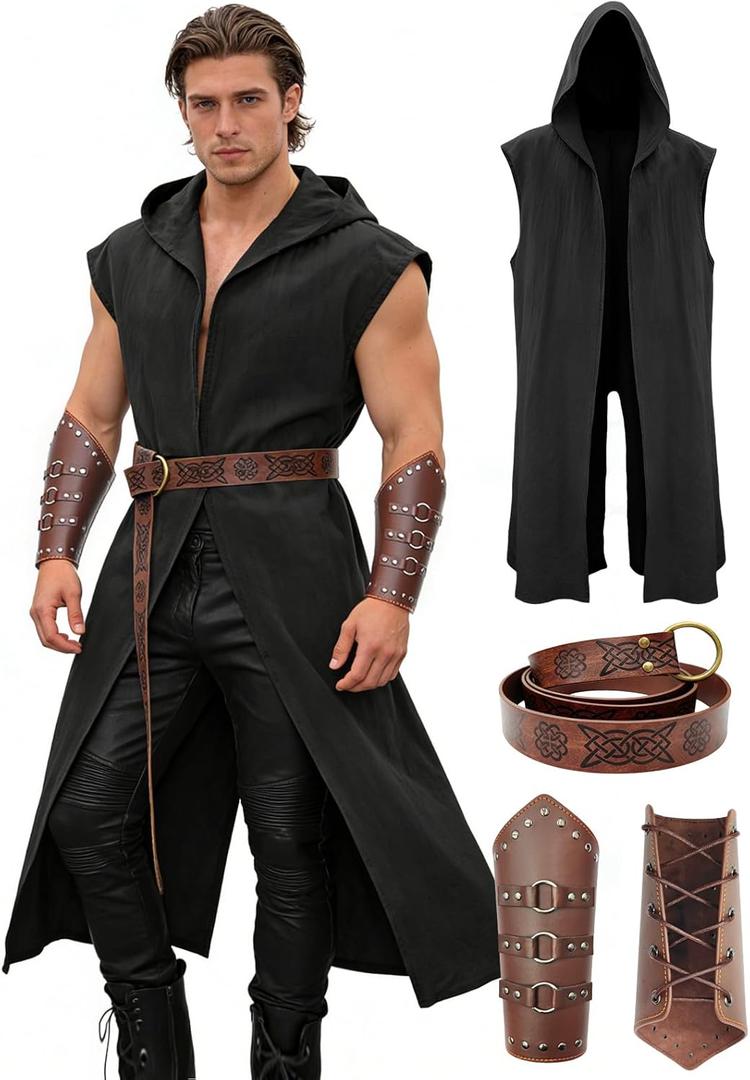 Verceco Mens Renaissance Costume Set Medieval/Renaissance Costume for Men with Hooded Surcoat Leather Belt & Bracers, M