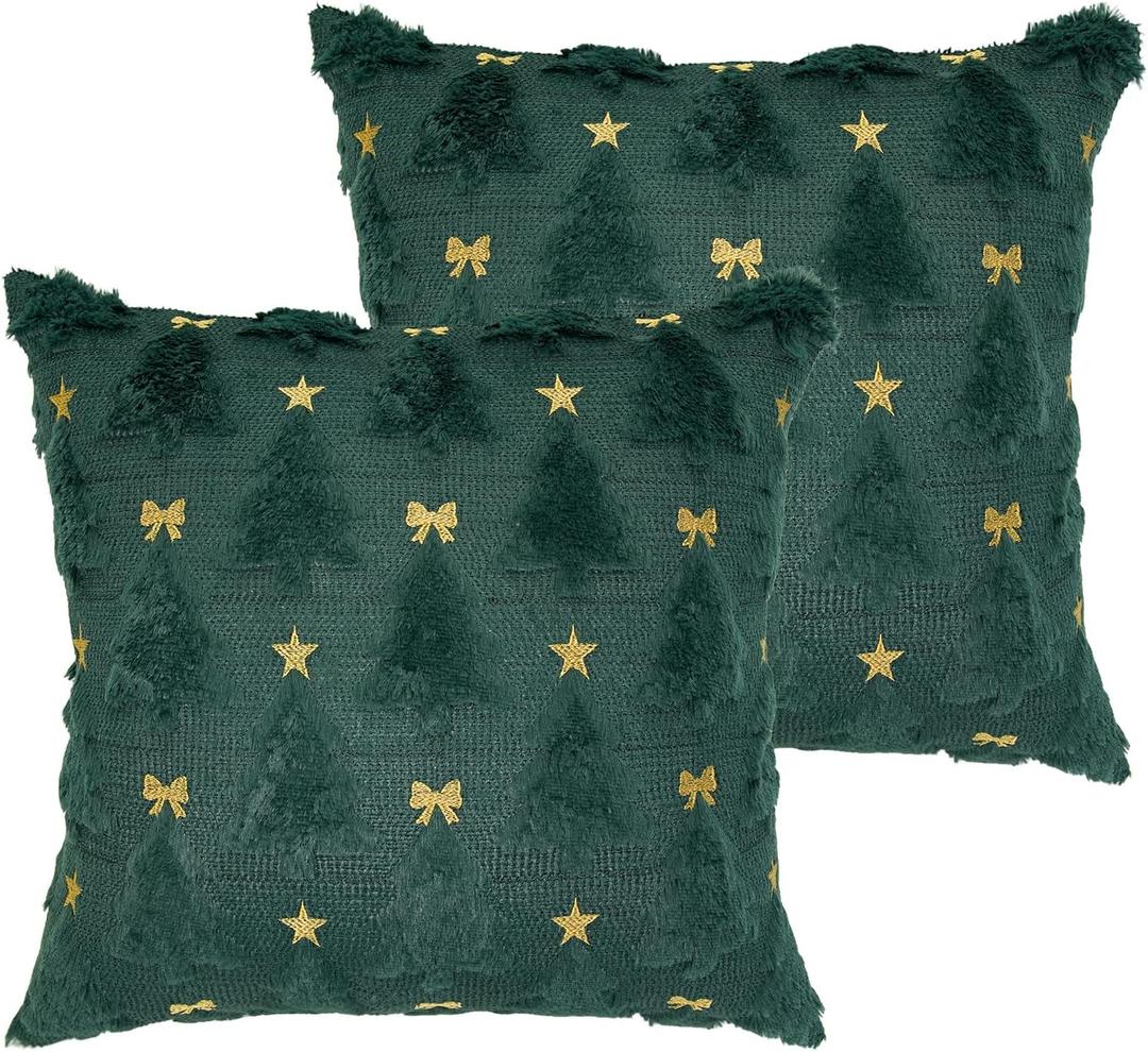 Vagasi Christmas Throw Pillow Covers 18x18 Inch Set of 2, Xmas Tree Pillow Cases Soft Plush Pillowcases 3D Embroidered Star&Bow Christmas Decorations for Couch Bedroom Living Room Porch