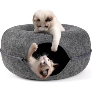 Peekaboo Cat Cave Bed for Indoor Cats, Detachable Round Felt Tunnel with Washable Interior for Cat House and Play (20 Inch, Dark Grey)