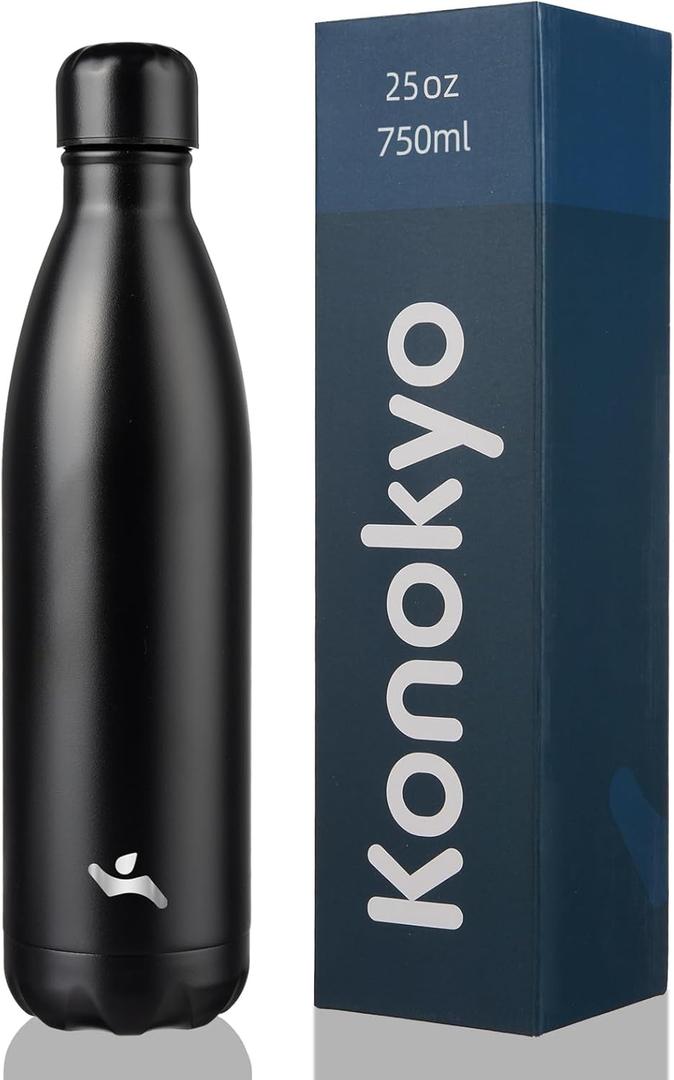Konokyo Insulated Water Bottles,25 oz Double Wall Stainless Steel Vacumm Metal Flask for Sports Travel,Midnight Black