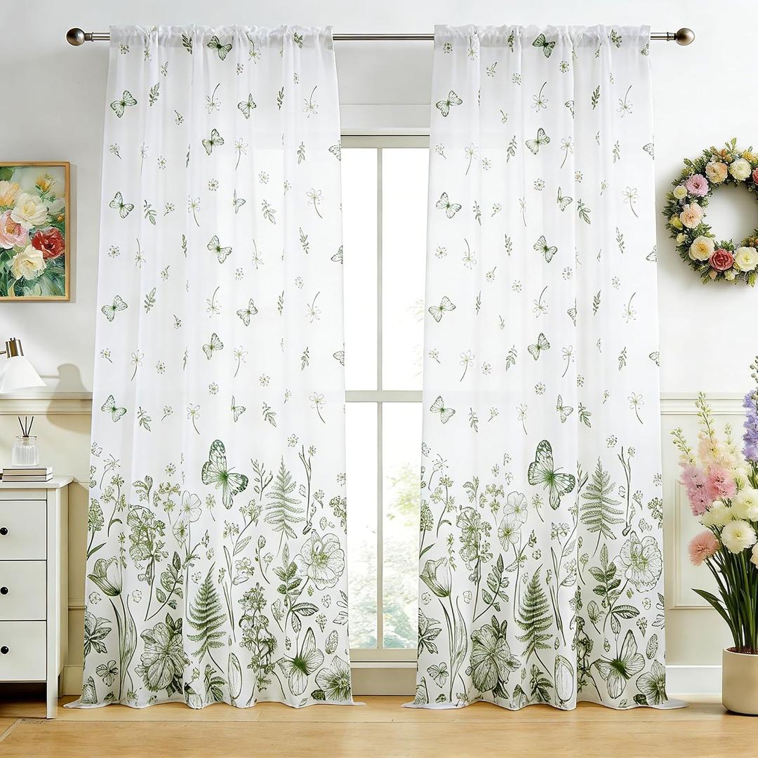 youleyar Floral Printed Curtains 63 Inches Long, 2 Panels Farmhouse Vintage Country Boho Design Curtain for Living Room, Floral and Butterfly Drapes for Bedroom, 52" W x 63" L