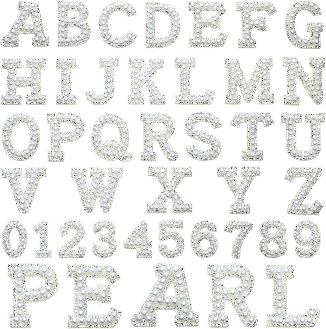36 Pieces Iron on Letter A-Z 0-9 White Pearl Rhinestone Chenille Letter Patches Iron on Glitter Alphabet Number Bling Patches Decorative Repair Patches for Fabric Shirts Crafts Clothing DIY Decor