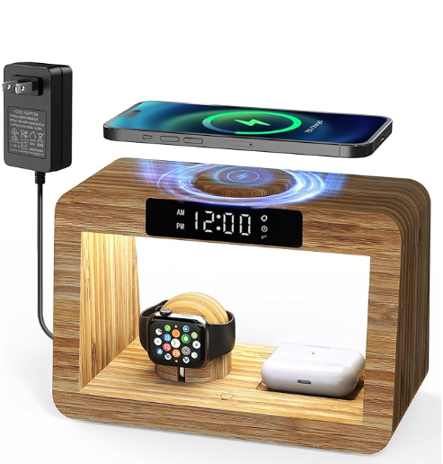 Bamboo Wireless Charging Station with Alarm Clock & Night Light, 3 in 1 Charging Station for iPhone 17/16/15/14/13/12/11 Pro Max/X/Xs, AirPods 4/3 & AirPods Pro 3/2/1/, Apple Watch Series