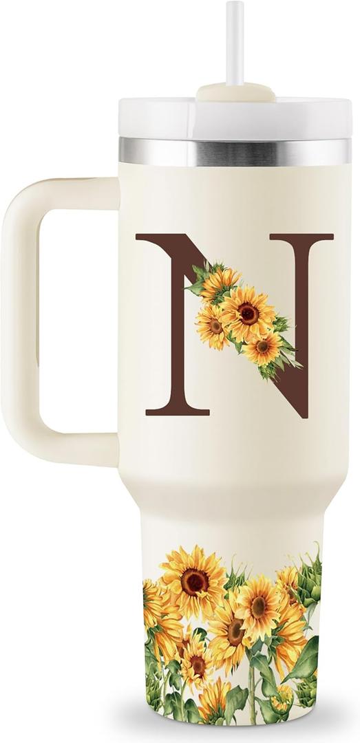 Sunflower Gifts for Women - Monogrammed 40 oz Tumbler with Handle & Straw - Personalized Gifts for Women, Monogrammed Gift for Mom, Wife, Sister, Friend - Initial Sunflower Tumbler Cup