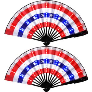 Roowest 2 Pcs 4th of July Patriotic Light up American Flag Fan Handheld LED Fabric Glowing Chinese Folding Fan for Independence Day Parade Pride Party, Red Blue and White
