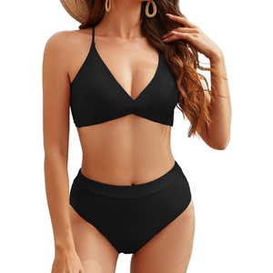 Dazosue High Waisted Bikini Sets Criss Cross Back V Neck Bathing Suits High Cut Two Piece Swimsuits, Black, Medium