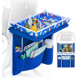 Adjustable Kids Airplane Tray Cover with Pocket Organizer, Snack & Toy Pockets, Toddler Airplane Travel Essentials, Travel Tray for Plane Train, Clear Touch Tablet Pocket, Carrying Strap, Plane Print