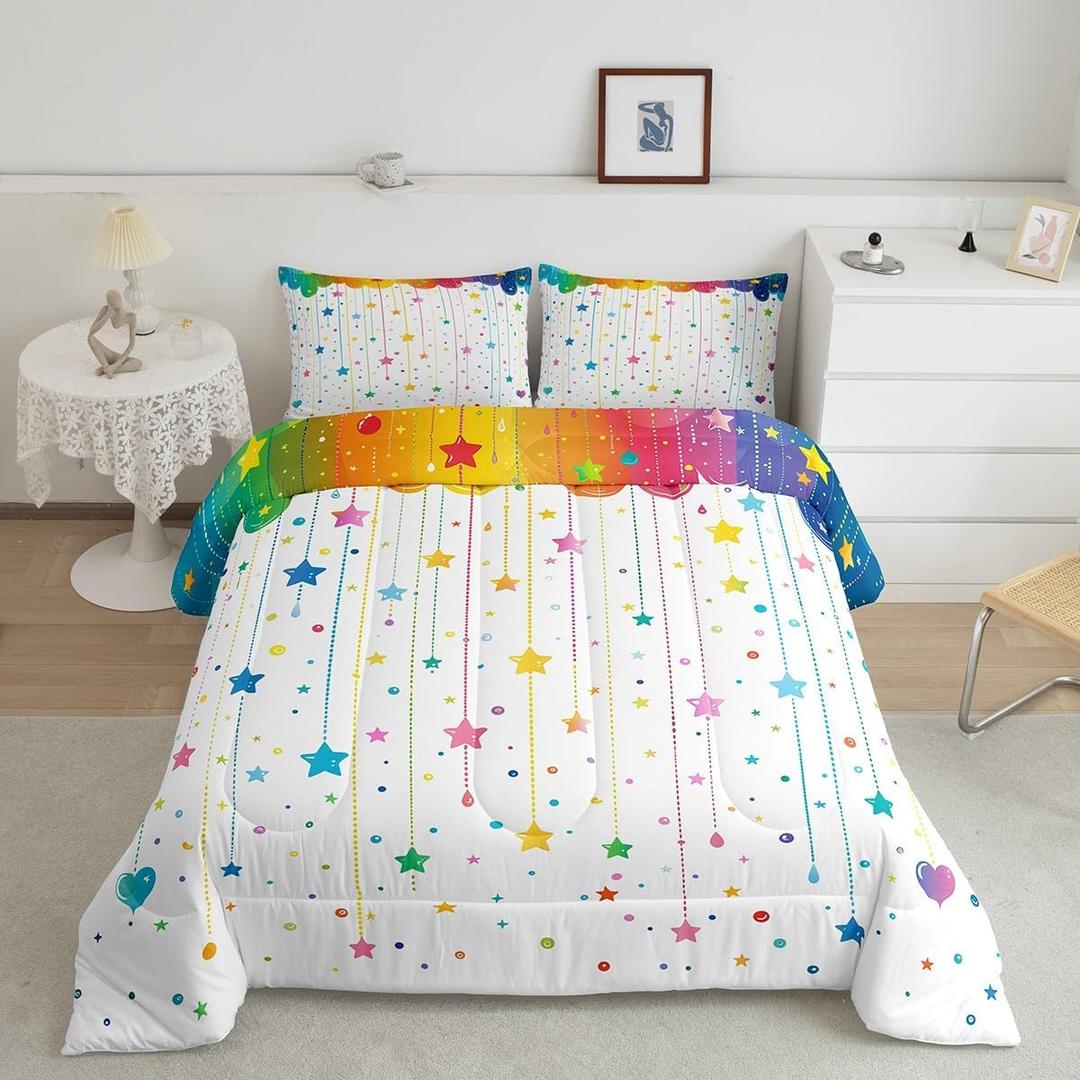 Feelyou Rainbow Star Comforter Set for Girls Boys Twin Size 2 Pieces Colorful Stars Kids Bedding Sets Colorful Dots Bed Collections White Rainbow Duvet Set(1 Comforter, 2 Pillowcases)