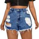 MapleHub Plus Size Denim Shorts Women High Waisted Ripped Folded Hem Jean Shorts (Blue)