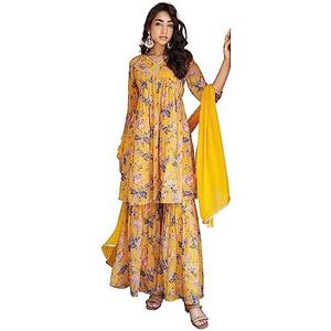Janasya Indian Women's Georgette Yellow Floral Print Festive Wear Kurta Set for Women, Large