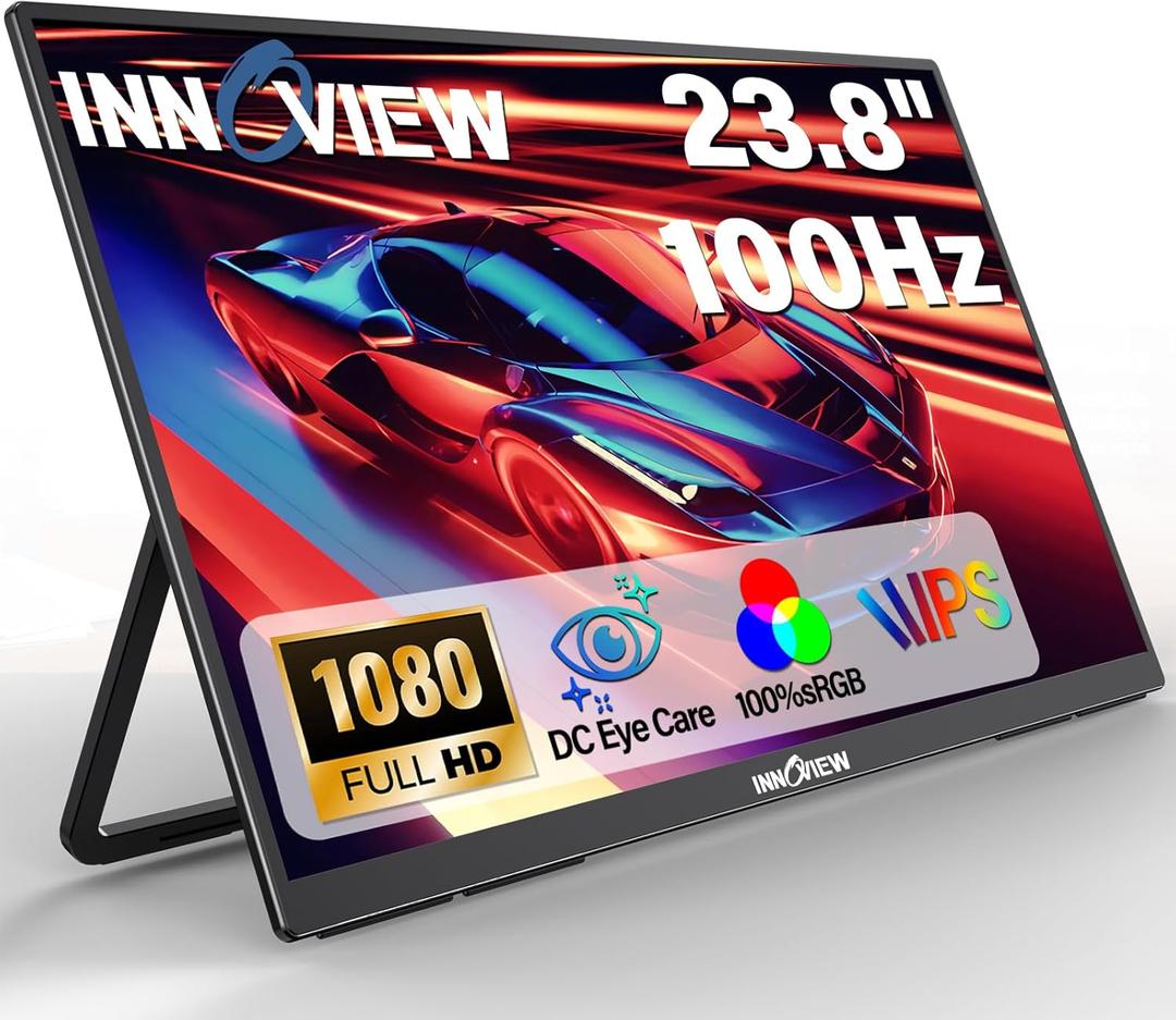 InnoView 23.8" 1080P Portable Monitor, FHD 100HZ 100% SRGB IPS USB-C HDMI Large Work Home Gaming Second Monitor W/180Adjustable Stand for Laptop, MacBook, Phones
