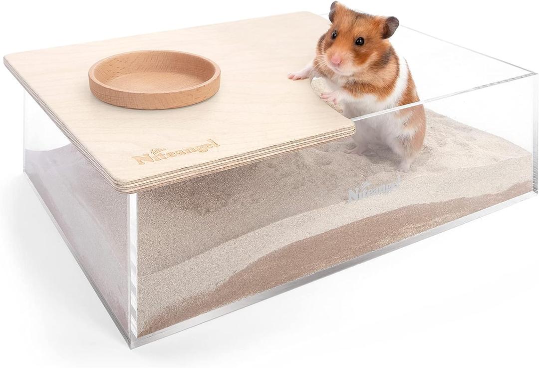 Niteangel Small Animal Sand-Bath Box: - Acrylic Critter's Sand Bath Shower Room & Digging Sand Container for Hamsters Mice Lemming Gerbils or Other Small Pets (Rectangle, Birch-Wood)