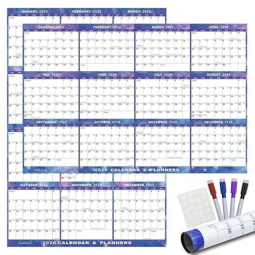 24" x 36" 2026 Wall Calendar Dry Erase - Large Starry Sky Wall Calendar Wet & Dry Erasable Laminated 12 Month Annual Yearly Planner, Reversible, Blue