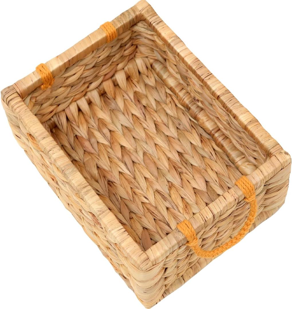Water Hyacinth Storage Baskets For Organizing, Wicker Baskets For Storage With Macrame Handle, Small Woven Basket Small Wicker Blanket Basket For Organizing, Rectangular Woven Blanket 12x9x5 In