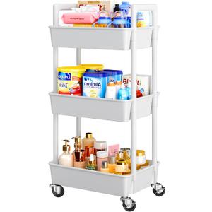 Pipishell 3 Tier Rolling Cart Organizer, Plastic Rolling Cart with Lockable Wheels & Reinforced Handle, Lightweight Utility Cart Storage Cart for Nursery, Kitchen, Bathroom, Craft Room, White, PIUC14W