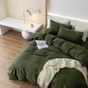 JIYUAN Queen Size Duvet Cover Set, 3-Piece - 100% Washed Cotton, Linen-Like Soft & Breathable with Zipper Closure, Includes 90x90 Inch Cover & 2 Pillowcases, Solid Olive Green