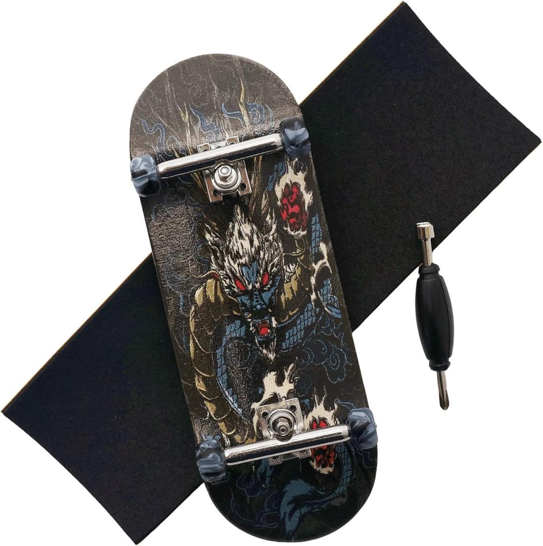 Pro Fingerboard 34mm Wooden Board Professional Finger Skateboard Trucks CNC Swirl Wheels (Dragon)