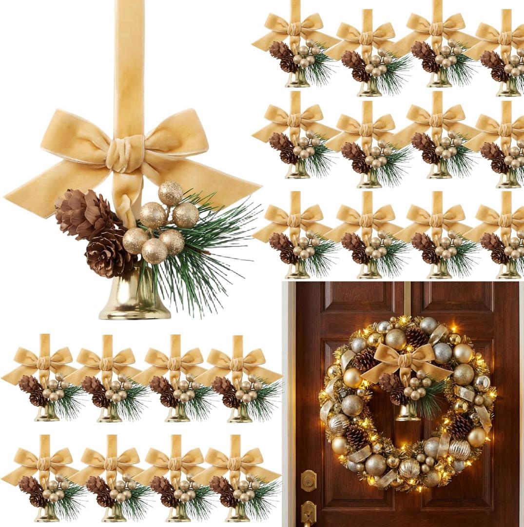Hollowfly 24 Pcs Hanging Christmas Bells for Wreaths Decoration Jingle Bells with Bow and Pinecone Ornaments for Christmas Tree Home Xmas Door Wreath Gifts Holiday Party Decoration(Gold)