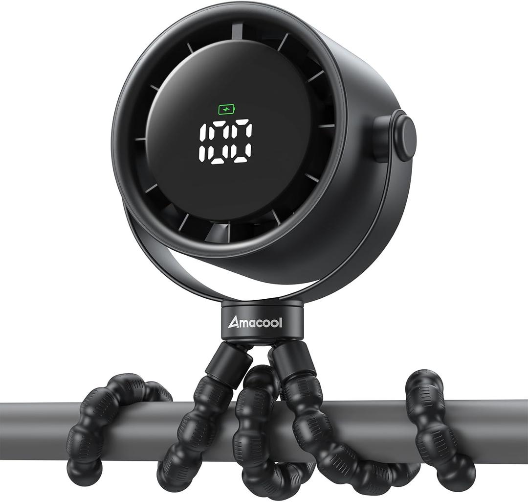 AMACOOL Baby Stroller Fan, Rechargeable Portable Clip on Fan, 17H Cooling with 5 Speeds, LED Display, 360Rotate Personal Cooling Fans for Car Seat, Crib, Travel, Camping, Gifts for New Parents (Black)