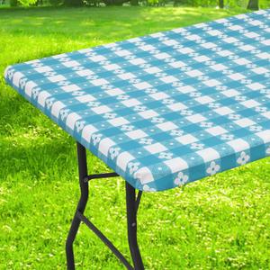 Rectangle Vinyl Table Cloth, Waterproof Elastic Fitted Tablecloth with Flannel Backing, Plastic Table Cover for Picnic, Camping, Outdoor (White & Aqua, 24"x48")