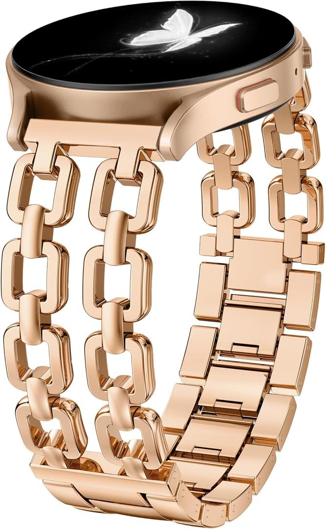 Wearlizer Metal Band Compatible with Samsung Galaxy Watch 7 6 5 4 FE Active 2 40mm 44mm/Watch 6 4 Classic 43mm 47mm 42mm 46mm/Watch 5 Pro 45mm Bands, 20mm Dressy Stainless Steel Chain Strap Women (Rose Gold)