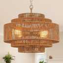 Hand-Woven Rattan Chandelier Dining Room Boho Chandelier 20in Bamboo Farmhouse Chandeliers 4-Light Vintage Light Fixtures Golden Chandeliers for Kitchen Island, Living Room, Bedroom