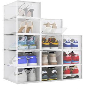 BINO 12-Pack Plastic Stackable Shoe Box Set - Clear | Foldable Shoe Storage Container | Sneaker Bins | Shoe Rack Box | Transparent | Portable Stacking Shoe Boxes Front Open