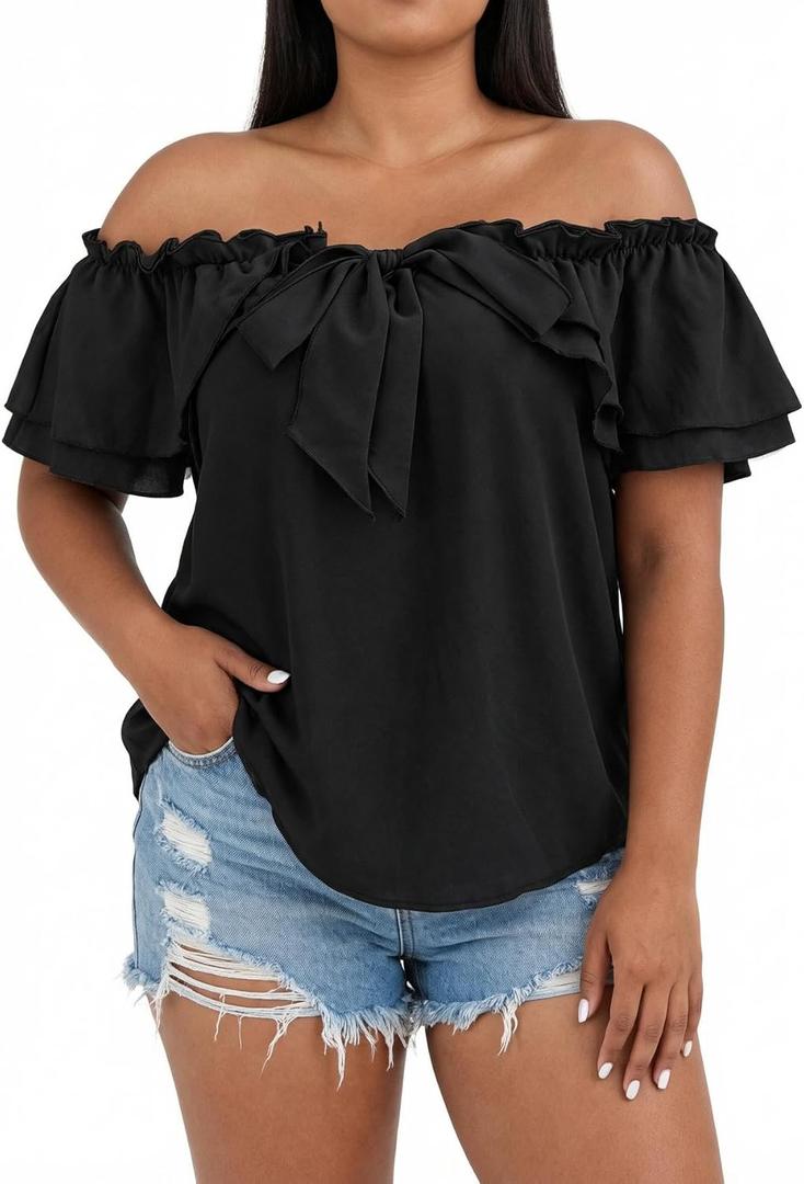 MakeMeChic Women's Plus Size Off Shoulder Tops Ruffle Short Sleeve Blouse Summer Tie Front Outfits, size 5XL+ (Black)