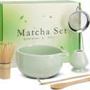 Matcha Whisk Set, Line Cyan Ceramic Matcha Set Includes Matcha Bowl, Matcha Whisk (Chasen) and Holder, Sifter, Bamboo Scoop & Spoon - 6 Pcs Matcha Kit for Matcha Lovers