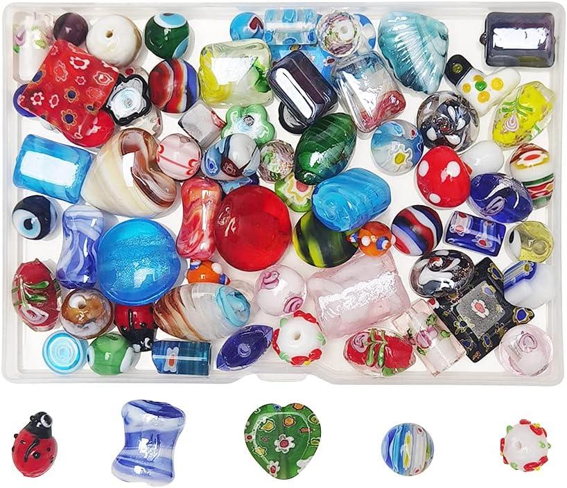 Chenkou Craft 50PCS Glass Beads for Jewelry Making Adults, Big Small Bulk for Crafts Lampwork Murano Bead for Bracelets Necklaces Crafting Supplies + 1pc Plastic Box (Mix)