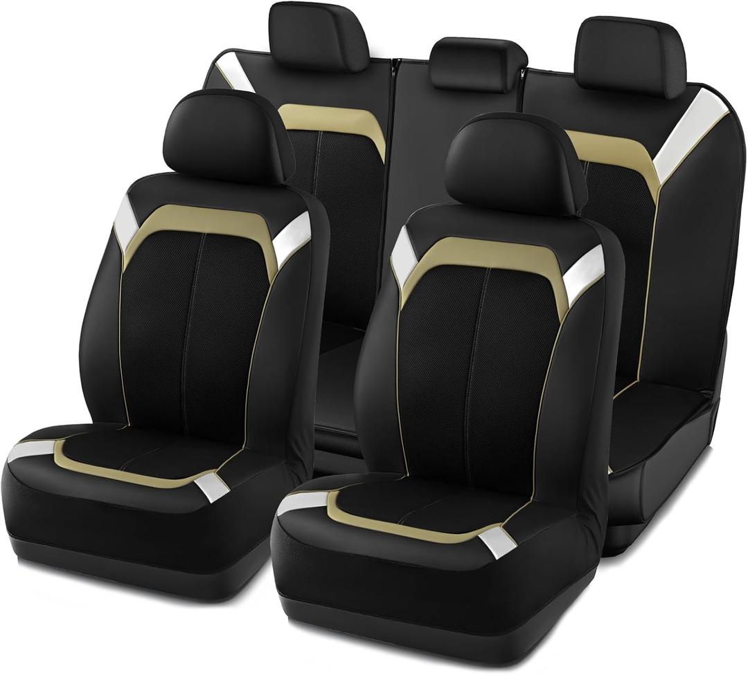 PIC AUTO Car Seat Cover  Silver & Beige Leather with Breathable Mesh Seat Cover for Cars, Stylish Two-Tone Leather Full Set Seat Covers, Universal Fit, Durable for SUV, Truck, Sedan, Vehicles