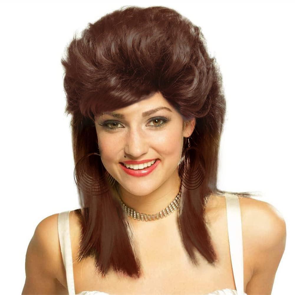 Swiking Mullet Wigs for Women Wine Red Curly Synthetic Heat Resistant Shoulder Length Hair 80s Rocker Cosplay Synthetic Wigs (Wine Red)
