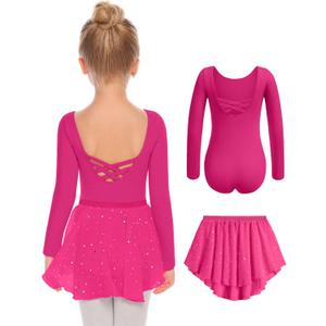 Zaclotre Girls Ballet Leotards Toddler Long Sleeve Crisscross Back Dance Dress Outfit with Removable Shiny Skirt Combo (6-7 Years, Hot Pink)