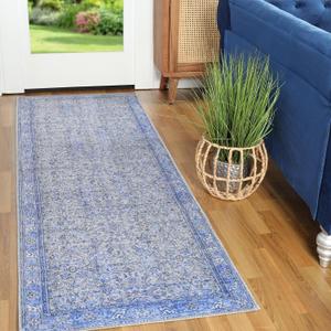 Superior Indoor Runner Rug for Living Room, Bedroom, Kitchen/Dining, Office, Unique, Cotton Backed Rugs, Boho Distressed Floral Home Floor Decor, Athena Collection, 2' 6" x 7' 6", Baby Blue
