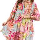 Women's Babydoll Mini Dress Boho Floral 3/4 Bell Sleeve Loose Short Shirt Sundresses Loose Fit Flowy Cover Up (S)