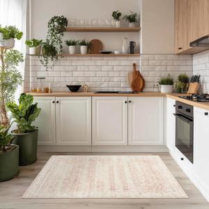 Vintage Pink Rug 3x5 Washable Non Slip Floral Aesthetic Indoor Rugs for Entryway Kitchen Low Pile Carpet for Laundry Room Bathroom Front Door Mat for Entrance 3 x 5