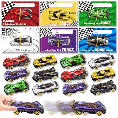 OCHIDO Valentines Day Cards for Kids with Die-Cast Racing Cars, 24 Packs Valentines Day Gifts for Kids Classroom Exchange, School Class Prizes, Valentines Party Favors for Boys and Girls